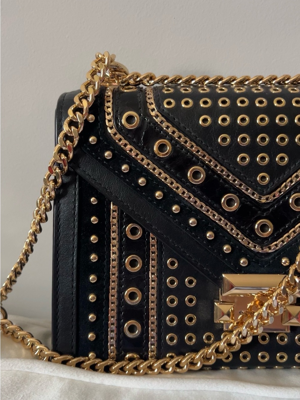 Michael Kors Whitney Black Leather Studded Grommet Chain Shoulder Crossbody Bag - Picture 5 of 14